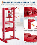 Heavy Duty H Frame Hydraulic Shop Press With Adjustable Table Red Garage Floor Press showing stable H-shaped structure and adjustable height features.