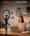 Woman using 50 Inch Ring Light With Stand And Phone Tripod LED Ring Light With Remote 3 Color Modes And 10 Brightness Levels for video call