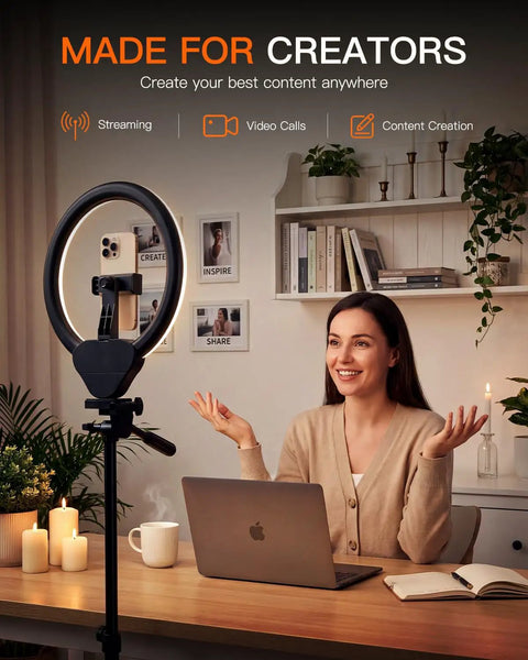Woman using 50 Inch Ring Light With Stand And Phone Tripod LED Ring Light With Remote 3 Color Modes And 10 Brightness Levels for video call