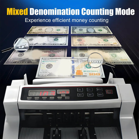 Money Counter With Value Count And UV MG IR Counterfeit Detection displaying mixed denomination mode and bills on top