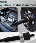 Chevy Harmonic Balancer Installer Tool 66515 in use, shown pressing onto a crankshaft, with close-up of tool's steel construction