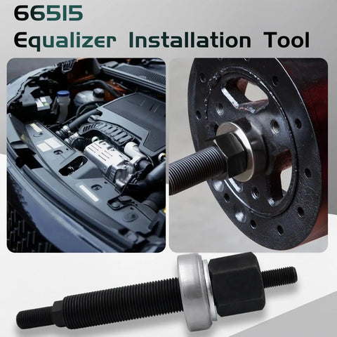 Chevy Harmonic Balancer Installer Tool 66515 in use, shown pressing onto a crankshaft, with close-up of tool's steel construction