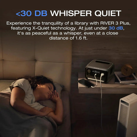 RIVER 3 Plus Portable Power Station with 286Wh LiFePO4 Battery on nightstand while woman sleeps, demonstrating quiet operation under 30 dB.