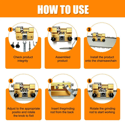 Step-by-step guide for using Manual Chain Saw Sharpener Kit With Hand Crank Portable Sharpener For Household Chainsaw Chains.
