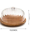 Heavy Duty Acacia Wood Cake Stand With Lid And Rotating Lazy Susan Tray, smooth 11.8 inch clear dome and acacia base.