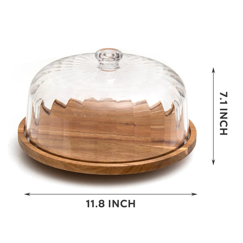 Heavy Duty Acacia Wood Cake Stand With Lid And Rotating Lazy Susan Tray, smooth 11.8 inch clear dome and acacia base.