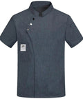 Men's Short Sleeve Chef Jacket Gray Breathable Kitchen Work Uniform Durable Restaurant Coat Sweat Wicking Culinary Staff Apparel Built Tough For The Daily Grind, button closure, chest pocket visible.