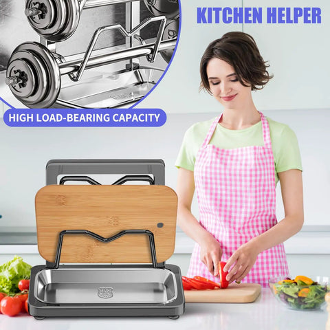 Heavy Duty 304 Stainless Steel Pot Lid Rack With Drip Tray And Spoon Rest on a kitchen countertop with woman chopping vegetables