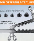 Front view of a brake line flaring tool kit with 5 adapters (3/16–1/2 in), flaring yoke, and wingnut wrench
