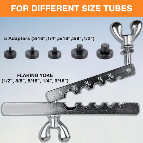Front view of a brake line flaring tool kit with 5 adapters (3/16–1/2 in), flaring yoke, and wingnut wrench