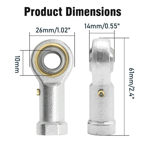 Two Pack PHS10 Rod End Bearings With Jam Nuts 10mm Bore M10x1.5 Right Hand Thread Pre Lubricated Joint For Industrial Machinery And Automation In Industrial Settings, 26mm x 61mm dimensions