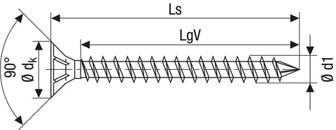 Technical diagram of T Star Plus Wood Screw 12.0 x 600 mm Countersunk Head With Milling Ribs Fully Threaded Cut Tip Wirox A3J