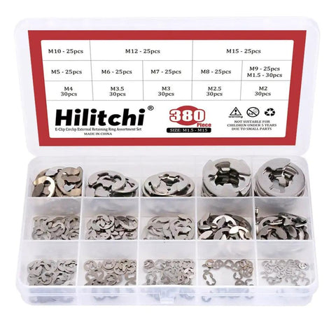 380 Piece E Clip Circlip External Retaining Ring Set In 14 Sizes 304 Stainless Steel Kit in open box with size chart