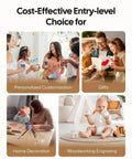 Laser engraving starter kit collage showing personalization, gifts, home decoration, and woodworking engraving scenes