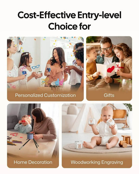 Laser engraving starter kit collage showing personalization, gifts, home decoration, and woodworking engraving scenes