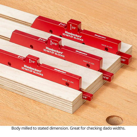 7 Piece Aluminum 3D Setup Block Kit With 4 Ways To Measure Per Block Router And Table Saw Gauge Blocks Height Gauge For Router Bits Includes Powder Coated Rack It Wall Mount Usa Made, red blocks checking dado widths