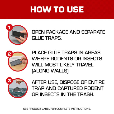 Instructions on using Heavy Duty Mouse Glue Traps With Eugenol For Rock Solid Grip And Instant Pest Control Pack Of Six.