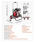 Heavy Duty Auto Feed Drain Cleaning Machine Featuring A Beast Mode Motor And One Hundred Foot Flexible Steel Cable with various accessories.