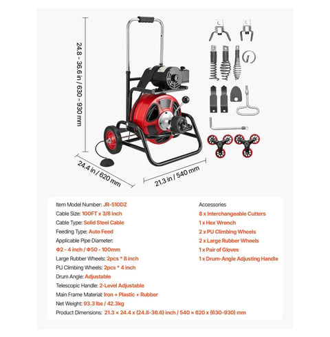 Heavy Duty Auto Feed Drain Cleaning Machine Featuring A Beast Mode Motor And One Hundred Foot Flexible Steel Cable with various accessories.