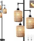 Boho Bamboo Floor Lamp With Remote Dimmer And Dimmable Bulb Warm Cozy Glow For Living Room Or Bedroom Black Industrial Farmhouse Tall Corner Lamp With Wicker Shade
