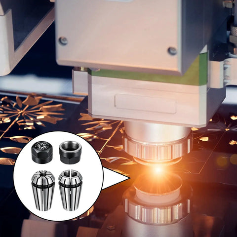 ER11 Collet Set High Precision CNC Engraving Milling Lathe Tools Included 1/8 Inch Chuck 1/4 Inch Chuck With Clamping Nut Pro Grade CNC Accessories For Milling Machine shown in use on CNC machine