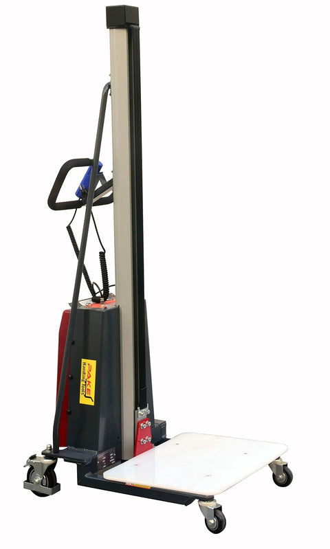 Heavy Duty Electric Work Positioner Truck With 330 Lbs Capacity And 59 Inch Lift Height, featuring sturdy steel frame and polyurethane wheels.