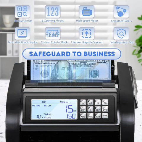 Fast Cash Counter Machine With Value Count And 4 Inch LED Display, displaying 100 dollar bills, UV IR MG MT DD modes visible