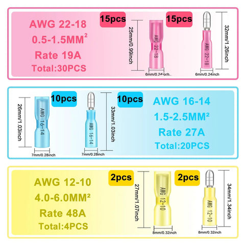 54 Piece Heat Shrink Bullet Wire Connector Kit For 22 To 10 AWG Waterproof Bullet Connectors with size and color specifications.