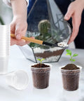 Person planting with 120 Pack 2 Inch Clear Mini Nursery Pots With Drainage Holes For Seed Starting And Seedlings, Transparent Plastic