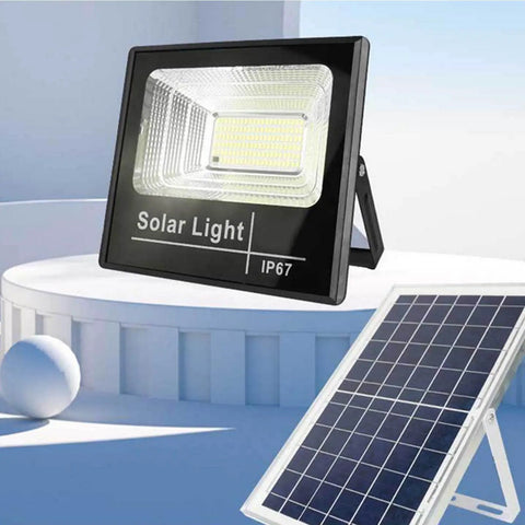 JUDYSSY Led Flood Light Outdoor, with Remote Control Solar Dusk to Dawn Solar Flood Light suitable for yards, showing solar panel and light.
