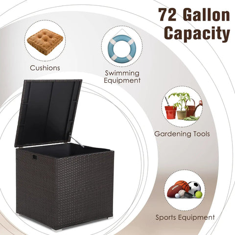 72 Gallon Outdoor Storage Box With Waterproof Zippered Liner And Gas Strut shown open with items like cushions, tools, sports gear.