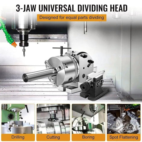 Built Tough 4 5 6 Inch 3 Jaw Chuck Dividing Head With MT2 Tailstock in a workshop setting for drilling and cutting jobs.