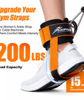 Heavy Duty Padded Ankle Strap for Cable Machines with extra adjustable strap shown on foot, supporting 200 lbs, gym equipment.