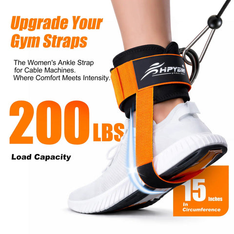 Heavy Duty Padded Ankle Strap for Cable Machines with extra adjustable strap shown on foot, supporting 200 lbs, gym equipment.