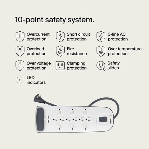12 Outlet Surge Protector Power Strip With USB Ports, 6 Ft Flat Plug Extension Cord, 3996 Joules Protection, white, 10-point safety system