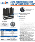 28 Piece Transfer Punch Set For Precise Hole Layout And Transfer, Ranging From 3/32 To 1/2 Inch By 64ths And 17/32 Inch, Undersize Tolerance.0025, Hardened Tool Steel, 4 7/8 Inch Length, Black Oxide Finish, Indexed Stand For Accurate Hole Transfer display