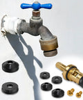 106 Piece Faucet Washer Kit With Assorted Flat And Beveled Rubber Washers For Outdoor Garden Faucets, Leak Repair And Replacement, Includes 6 Brass Screws, Wide Range Of Washers In Three Eighths And One Quarter Inch Sizes, shown with components and a garden faucet.
