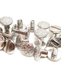 Heavy Duty Quarter Inch Chicago Screws 10 Pack Nickel Plated Floral Engraved Turnbuckle Fasteners with intricate designs visible.
