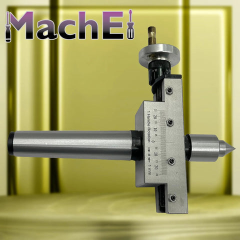 MachEl taper turning attachment with revolving live center; front view on lathe, metric 3MT