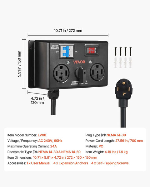 Handy Manual Ev Charger Switch That Plugs Right Into Nema 14 30 Or 14 50 Dryer Outlets, 240V, includes circuit breaker.