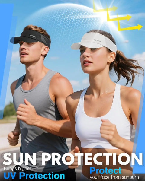 Two people running outdoors wearing Lightweight Wicking Sun Visor Hat For Men And Women, Stretchy Sports Sun Visor Cap For Golf, Tennis.