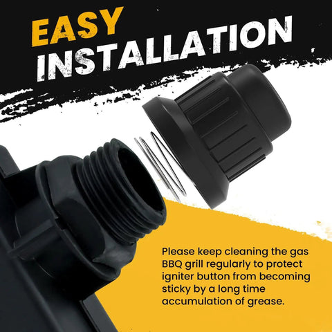 AA Battery Push Button Igniter Cap Replacement With Spring For Gas Grills And BBQs shown with easy installation text