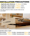 Installation precautions for Straight Up Heavy Duty Countertop Extension Slide Rail For Kitchen Counters with dimensions shown.