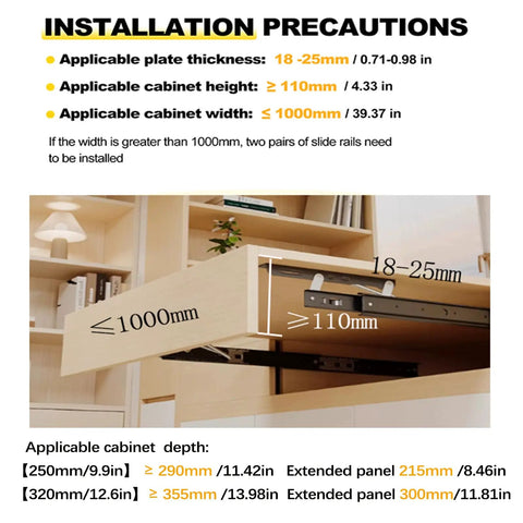 Installation precautions for Straight Up Heavy Duty Countertop Extension Slide Rail For Kitchen Counters with dimensions shown.