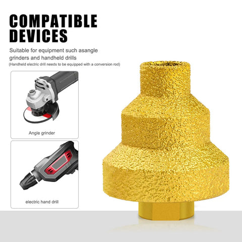 Heavy Duty Diamond Step Drill Bit For Tile Marble And Concrete With M14 Thread Perfect Fit For Angle Grinder Professional Multi Layer Brazed Chamfer Reamer Kit For Fast Clean Cutting Jobs, gold step bit on white background