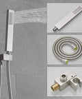 Brushed Nickel Shower System With 10 Inch Rain Shower Head And Handheld Wall Mounted Luxury Shower Mixer 304 Stainless Steel Hose Brass Valve And Trim All Metal Built To Last Rough In Valve Included showing handheld, hose, and valve
