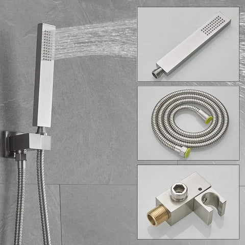Brushed Nickel Shower System With 10 Inch Rain Shower Head And Handheld Wall Mounted Luxury Shower Mixer 304 Stainless Steel Hose Brass Valve And Trim All Metal Built To Last Rough In Valve Included showing handheld, hose, and valve