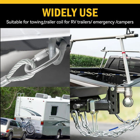 Heavy Duty Trailer Safety Cables Set 12 Inch Extension Tow Cables With Snap Hook Latches 12000 Lbs Load Capacity in use on RVs