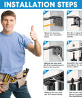 Installation steps for heavy duty slide gate roller guide with steel L rear post bracket and adjustable nylon roller.