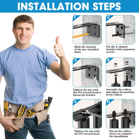 Installation steps for heavy duty slide gate roller guide with steel L rear post bracket and adjustable nylon roller.